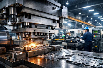 industrial metal stamping process, high-speed stamping press machine forming metal sheet, precision manufacturing factory, modern workshop, realistic lighting, engineering environment