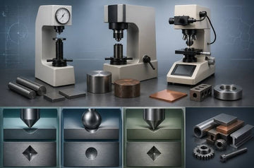Rockwell, Brinell, and Vickers metal hardness tests equipment and samples